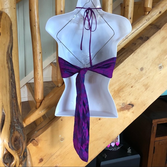 100% Silk Iridescent Halter Top Purple Blue Asian Print Belly Dance Boho - Picture 8 of 9